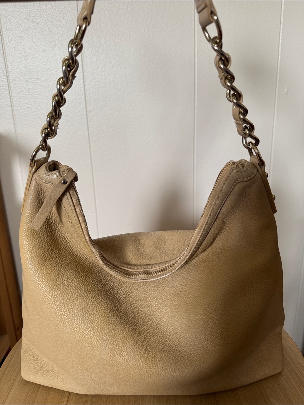Kate Spade New York Beige Pebbled Leather Slouchy Hobo Bag with Gold Chain Accen